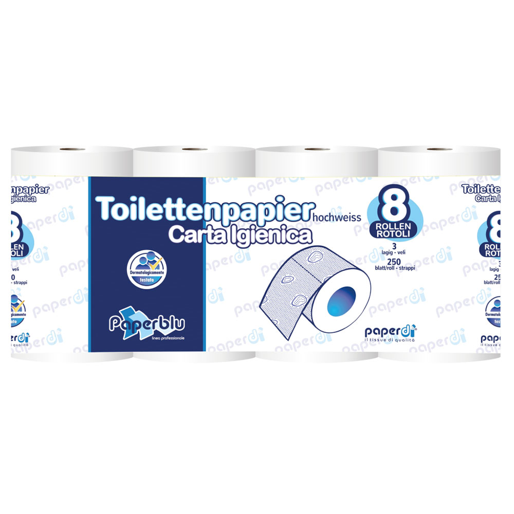 Toilettenpapier Paperblu 3-lagig Zellstoff hochweiß 250 Blatt - 64 Rollen