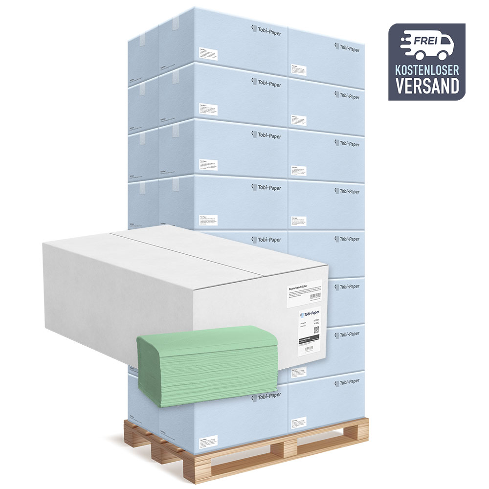 Falthandtücher 1-lagig V-Falz Recycling grün 25x23cm 5000 Blatt - Palette (32 VE) Falthandtücher 1-lagig V-Falz Recycling grün 25x23cm 5000 Blatt - Palette (32 VE)