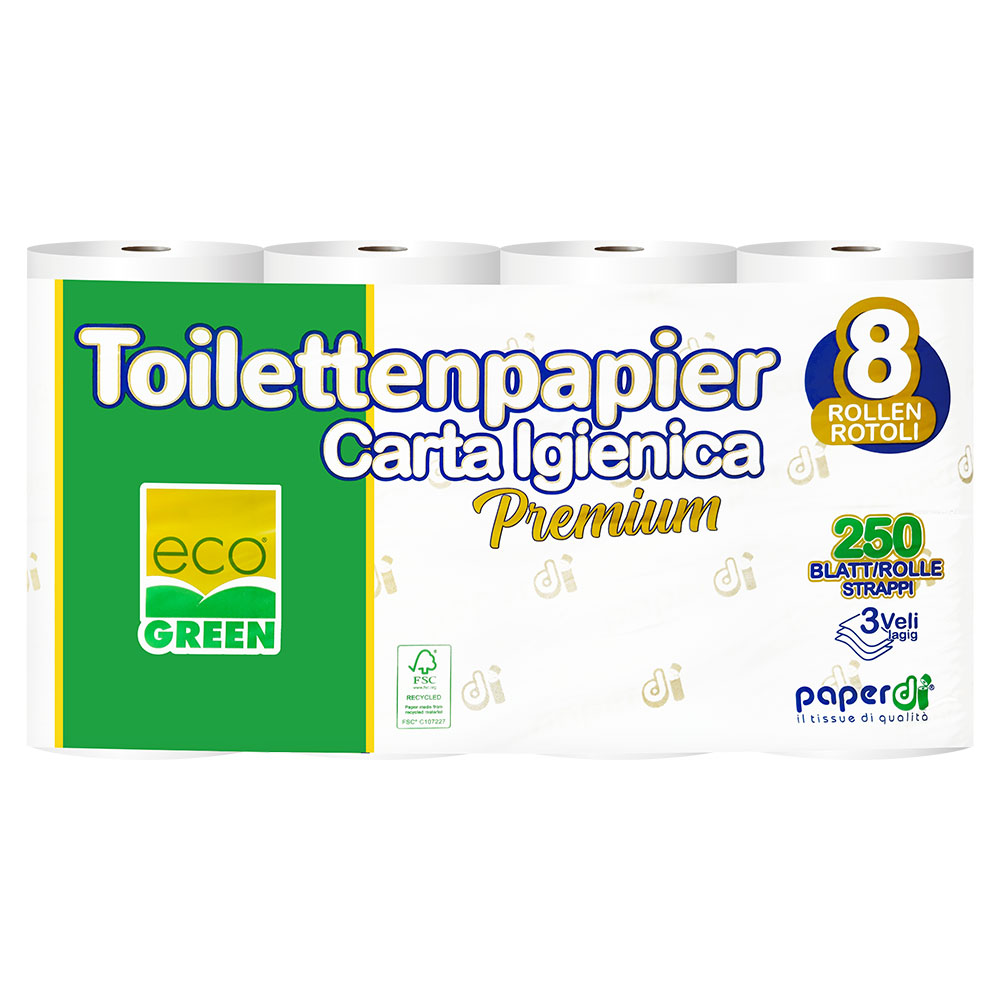 Toilettenpapier Paperdi Eco Green Premium 3-lagig Recycling weiß 250 Blatt - 64 Rollen