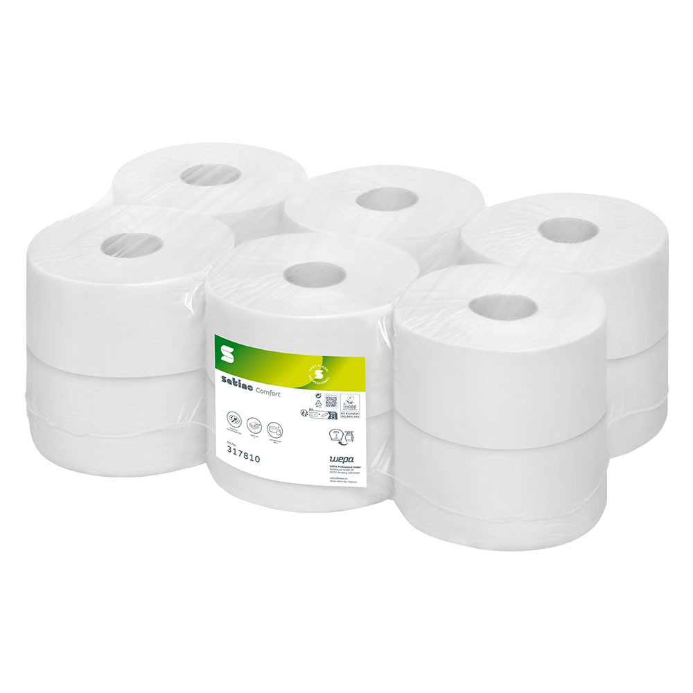 Jumborollen Toilettenpapier Wepa Satino Comfort 2-lagig Recycling hochweiß Ø 18cm 180m pro Rolle - Palette (44 VE) Jumborollen Toilettenpapier Wepa Satino Comfort 2-lagig Recycling hochweiß Ø 18cm 180m pro Rolle - Palette (44 VE)