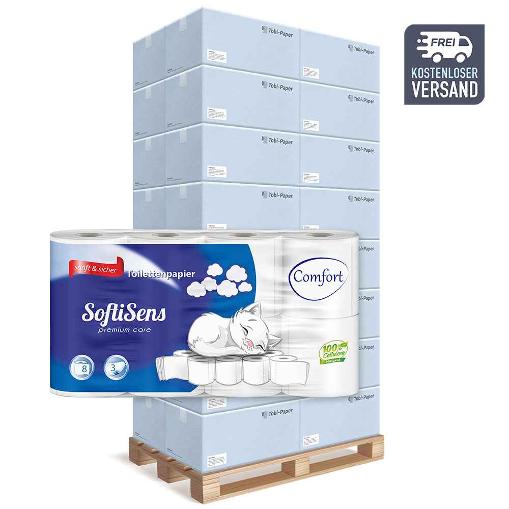 Toilettenpapier SoftiSens Comfort 3-lagig Zellstoff hochweiß 150 Blatt - Palette (33 VE)