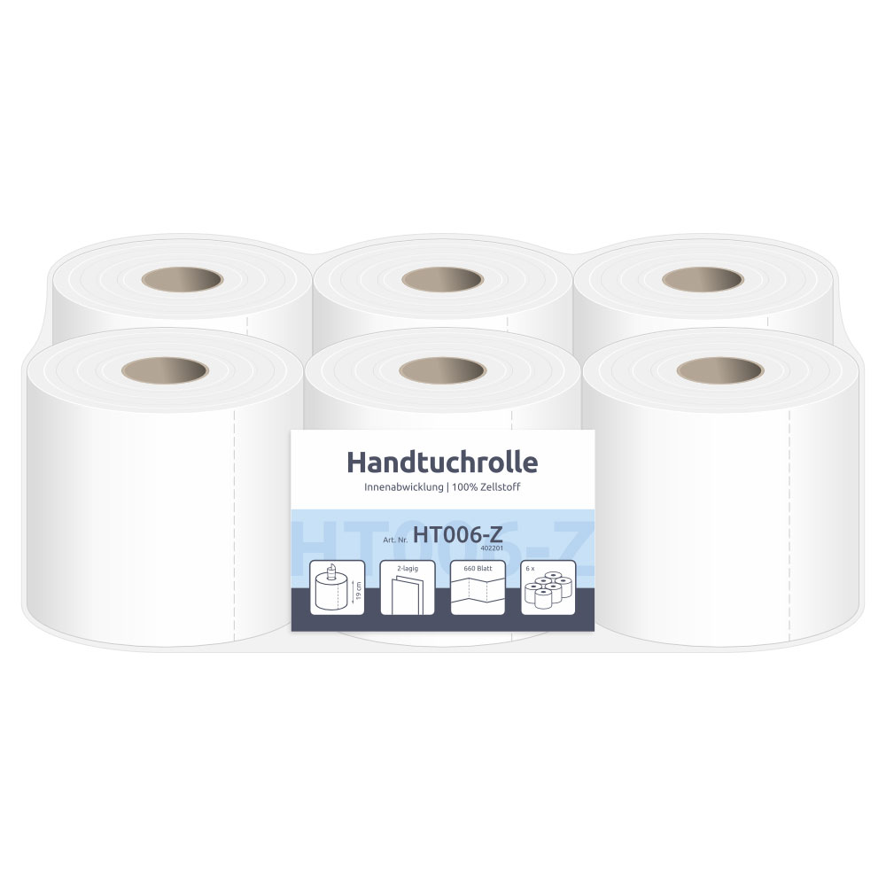 Handtuchrollen 2-lagig Zellstoff hochweiß 19cm Breite 6cm Hülse - 6er Pack Handtuchrollen 2-lagig Zellstoff hochweiß 19cm Breite 6cm Hülse - 6er Pack