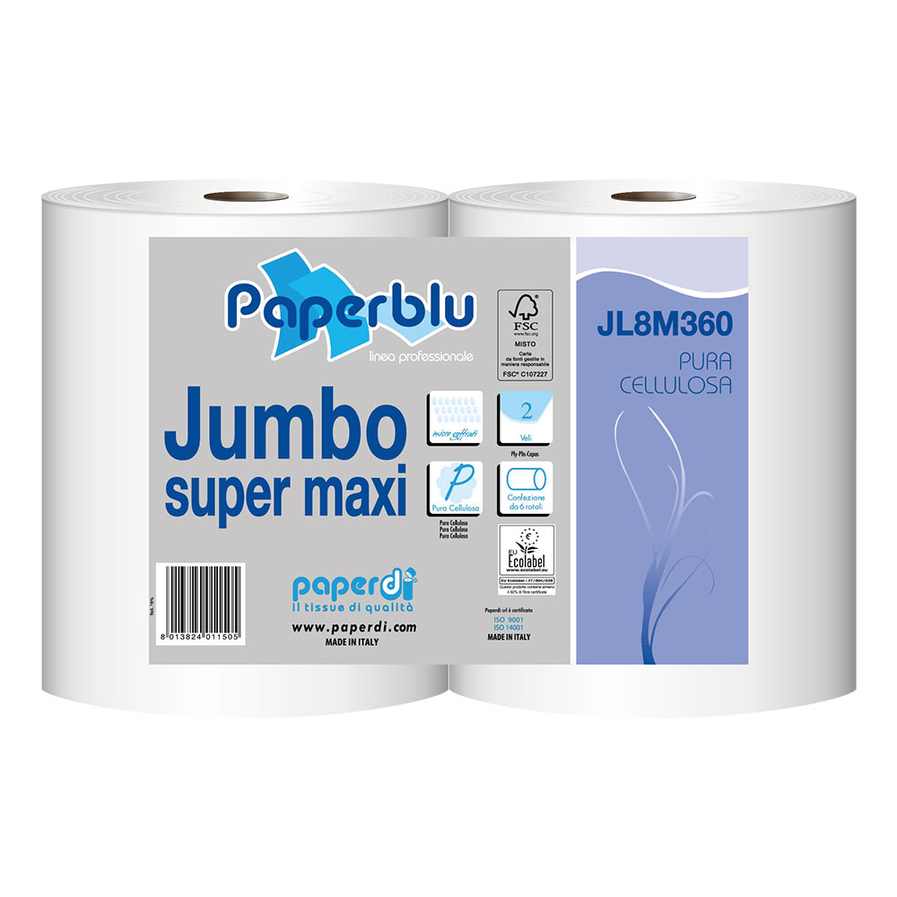 Jumbo Toilettenpapier Paperblu 2-lagig Zellstoff hochweiß Ø 26cm 360m pro Rolle - 6er Pack Jumbo Toilettenpapier Paperblu 2-lagig Zellstoff hochweiß Ø 26cm 360m pro Rolle - 6er Pack
