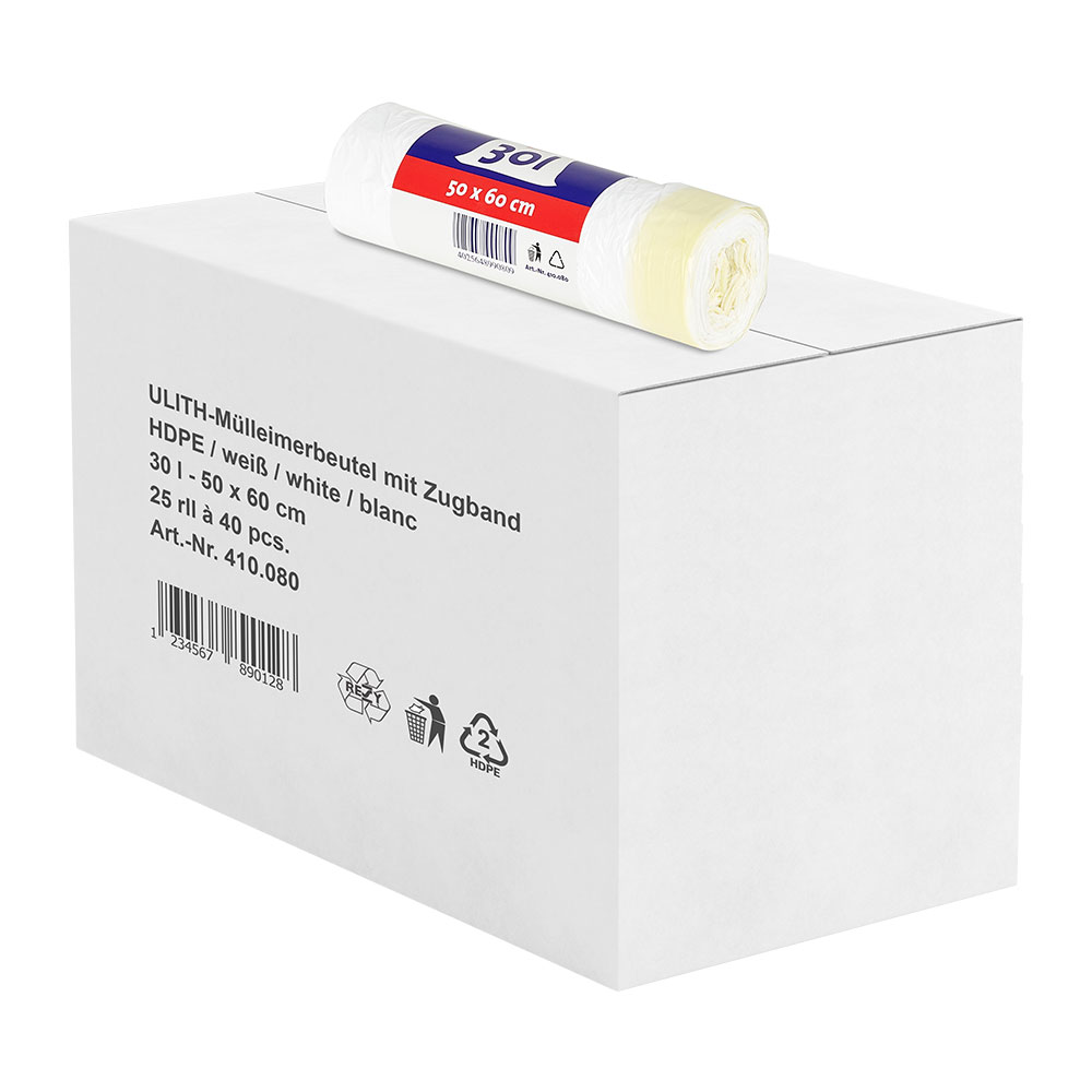 Zugbandmüllbeutel Ulith 30 Liter weiß HDPE 50 x 60 cm 10,5μ Karton mit 1000 Stück