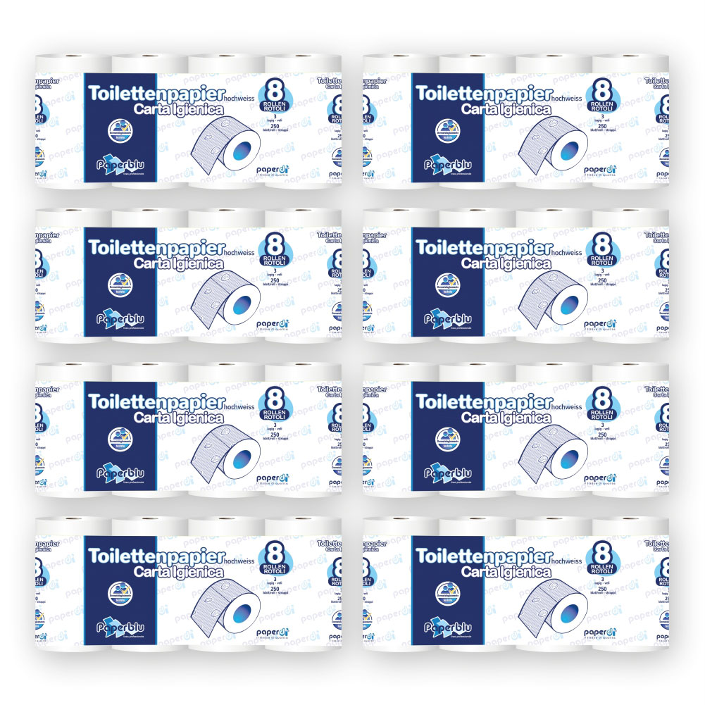 Toilettenpapier Paperblu 3-lagig Zellstoff hochweiß 250 Blatt - 64 Rollen Toilettenpapier Paperblu 3-lagig Zellstoff hochweiß 250 Blatt - 64 Rollen