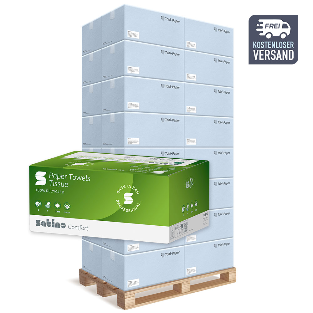 Falthandtücher Wepa Satino Comfort 2-lagig V-Falz Recycling hochweiß 25x23cm 3200 Blatt - Palette (32 VE) Falthandtücher Wepa Satino Comfort 2-lagig V-Falz Recycling hochweiß 25x23cm 3200 Blatt - Palette (32 VE)