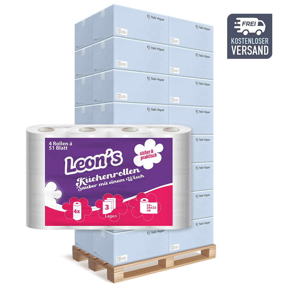 Küchenrollen Leon´s 3-lagig Zellstoff hochweiß 51 Blatt - Palette (24 VE) Küchenrollen Leon´s 3-lagig Zellstoff hochweiß 51 Blatt - Palette (24 VE)