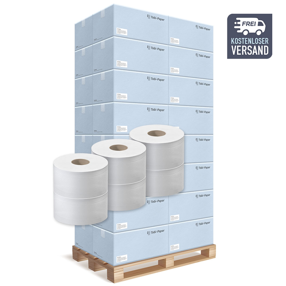 Jumborollen Toilettenpapier Innenabzug 2-lagig Zellstoff hochweiß Ø 18,5cm 200m pro Rolle - Palette (36 VE) Jumborollen Toilettenpapier Innenabzug 2-lagig Zellstoff hochweiß Ø 18,5cm 200m pro Rolle - Palette (36 VE)