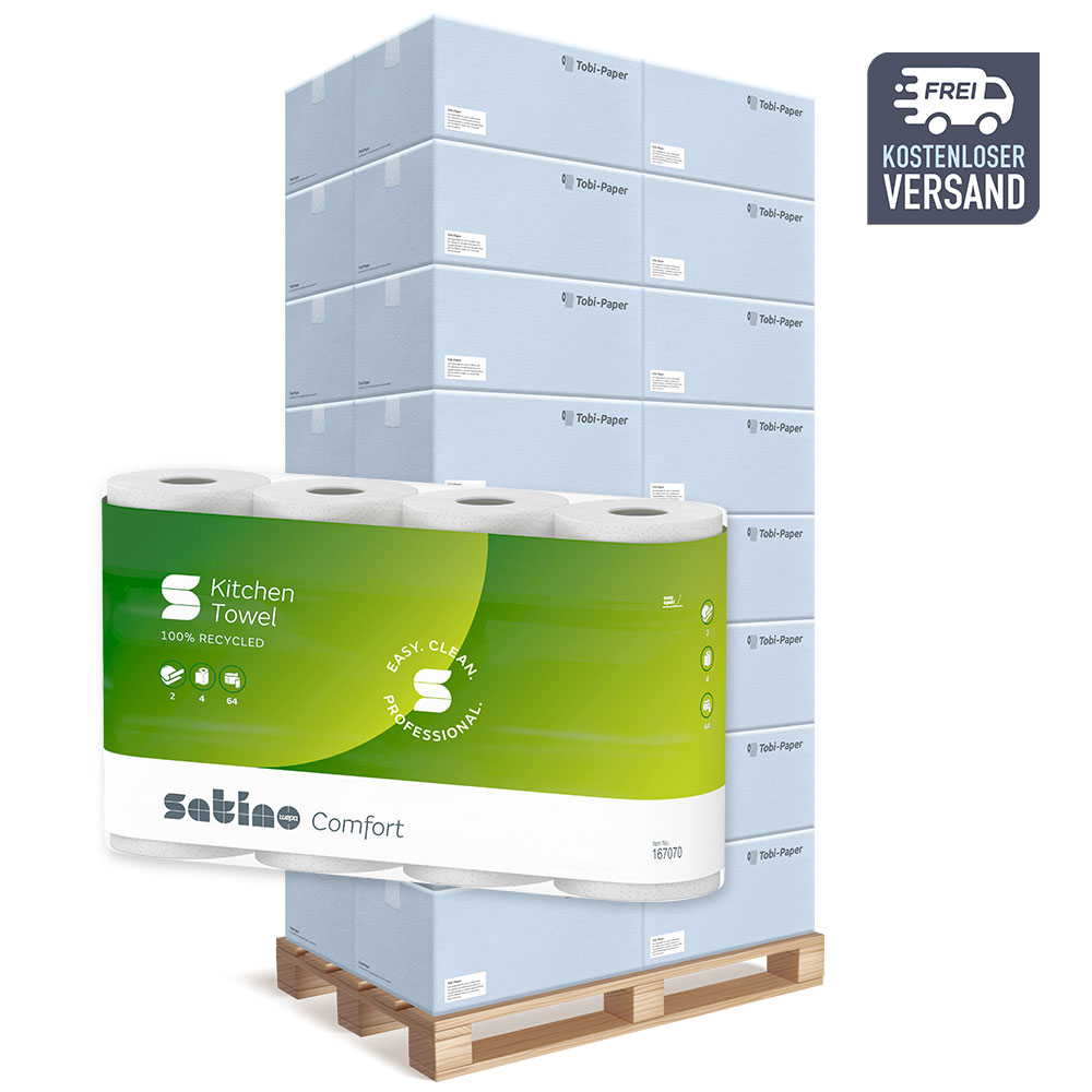 Küchenrollen Wepa Satino Comfort 2-lagig Recycling hochweiß 64 Blatt - Palette (27 VE) Küchenrollen Wepa Satino Comfort 2-lagig Recycling hochweiß 64 Blatt - Palette (27 VE)