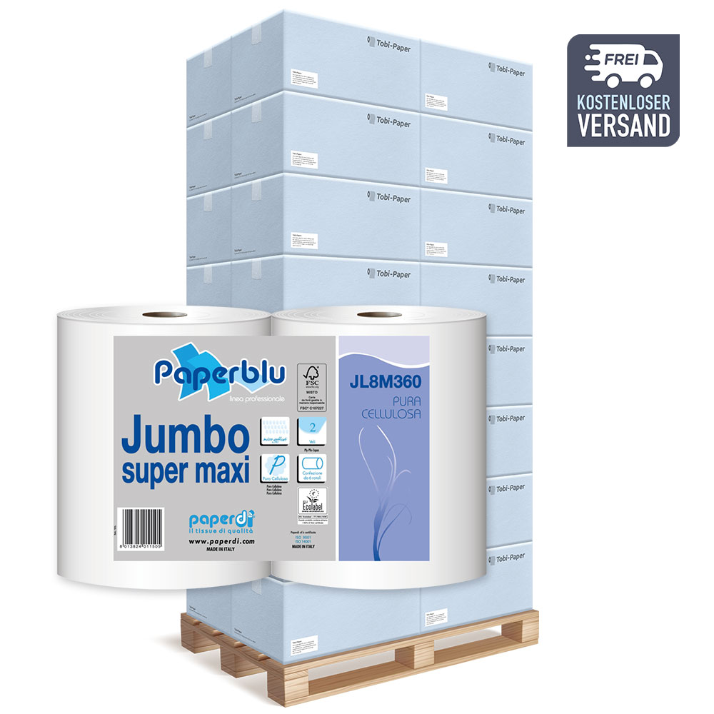 Jumbo Toilettenpapier Paperblu 2-lagig Zellstoff hochweiß Ø 26cm 360m pro Rolle - Palette (49 VE) Jumbo Toilettenpapier Paperblu 2-lagig Zellstoff hochweiß Ø 26cm 360m pro Rolle - Palette (49 VE)