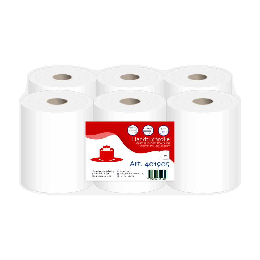 Handtuchrollen 2-lagig Zellstoff hochweiß 21,5cm Breite 5cm Hülse - 6er Pack Handtuchrollen 2-lagig Zellstoff hochweiß 21,5cm Breite 5cm Hülse - 6er Pack