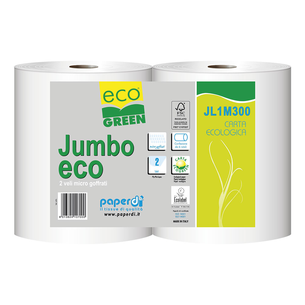 Jumbo Toilettenpapier Eco Green 2-lagig Recycling weiß Ø 25cm 300m pro Rolle - 6er Pack Jumbo Toilettenpapier Eco Green 2-lagig Recycling weiß Ø 25cm 300m pro Rolle - 6er Pack