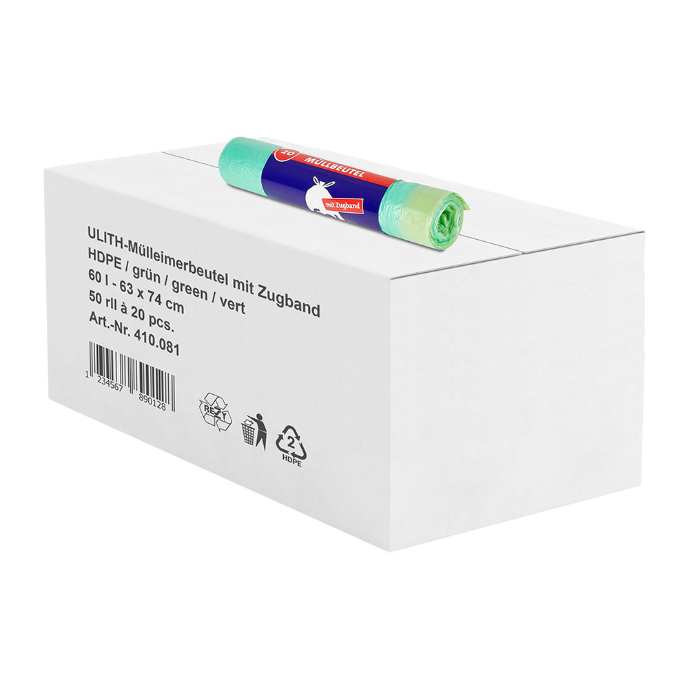 Zugbandmüllbeutel Ulith 60 Liter grün HDPE 63 x 74 cm 10,5μ Karton mit 1000 Stück Zugbandmüllbeutel Ulith 60 Liter grün HDPE 63 x 74 cm 10,5μ Karton mit 1000 Stück
