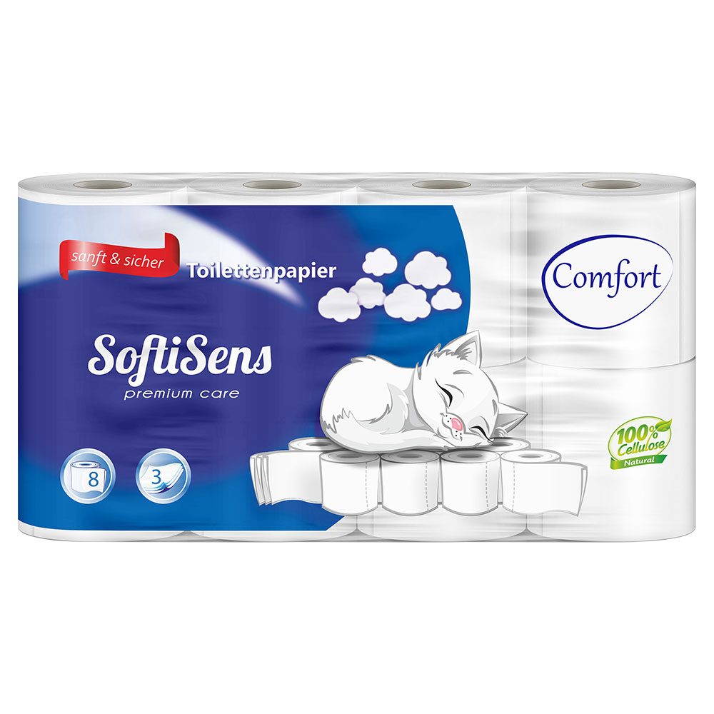 Toilettenpapier SoftiSens Comfort 3-lagig Zellstoff hochweiß 150 Blatt - 64 Rollen Toilettenpapier SoftiSens Comfort 3-lagig Zellstoff hochweiß 150 Blatt - 64 Rollen
