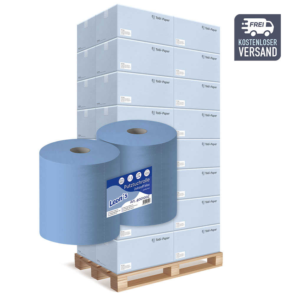 Putzrollen 2-lagig Zellstoff blau 36x31cm 1000 Blatt - Palette (30 VE) Putzrollen 2-lagig Zellstoff blau 36x31cm 1000 Blatt - Palette (30 VE)