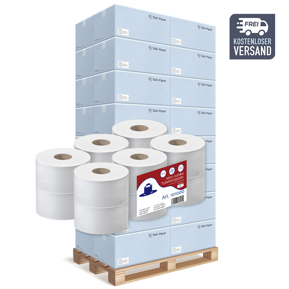 Mini-Jumborollen Toilettenpapier 2-lagig Zellstoff hochweiß Ø 18cm 170m pro Rolle - Palette (44 VE) Mini-Jumborollen Toilettenpapier 2-lagig Zellstoff hochweiß Ø 18cm 170m pro Rolle - Palette (44 VE)