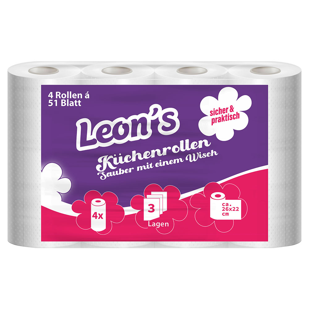 Küchenrollen Leon´s 3-lagig Zellstoff hochweiß 51 Blatt - 32 Rollen Küchenrollen Leon´s 3-lagig Zellstoff hochweiß 51 Blatt - 32 Rollen