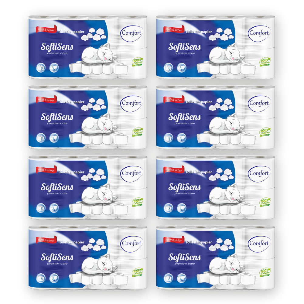 Toilettenpapier SoftiSens Comfort 3-lagig Zellstoff hochweiß 150 Blatt - 64 Rollen Toilettenpapier SoftiSens Comfort 3-lagig Zellstoff hochweiß 150 Blatt - 64 Rollen