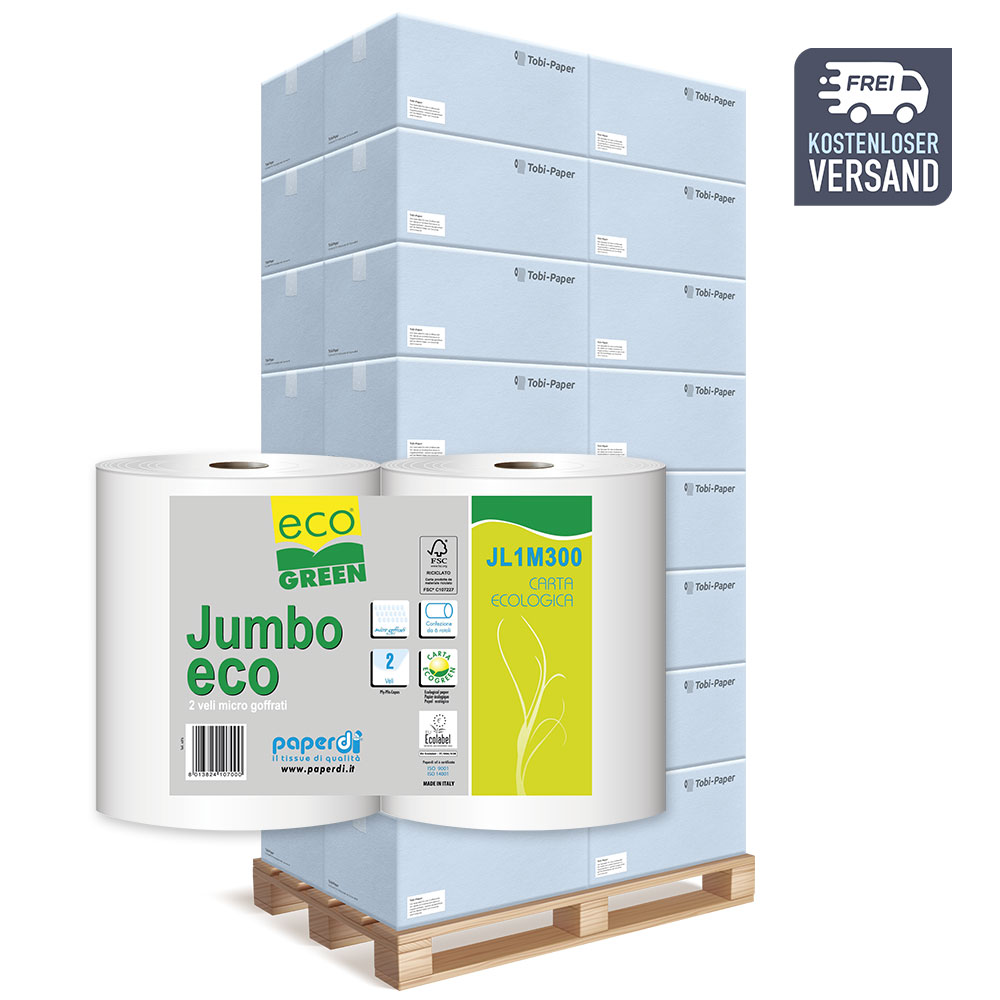 Jumbo Toilettenpapier Eco Green 2-lagig Recycling weiß Ø 25cm 300m pro Rolle - Palette (49 VE) Jumbo Toilettenpapier Eco Green 2-lagig Recycling weiß Ø 25cm 300m pro Rolle - Palette (49 VE)