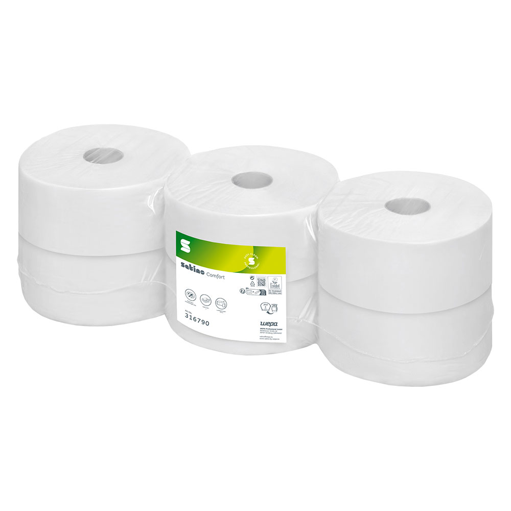 Jumborollen Toilettenpapier Wepa Satino Comfort 2-lagig Recycling hochweiß Ø 24cm 320m pro Rolle - Palette (45 VE) Jumborollen Toilettenpapier Wepa Satino Comfort 2-lagig Recycling hochweiß Ø 24cm 320m pro Rolle - Palette (45 VE)