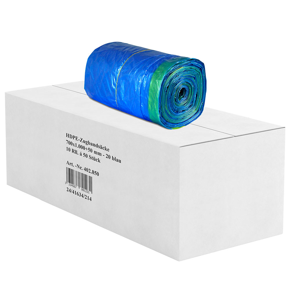 Zugbandsäcke 120 Liter blau HDPE 70 x 100 + 5 cm 16μ Karton mit 500 Stück
