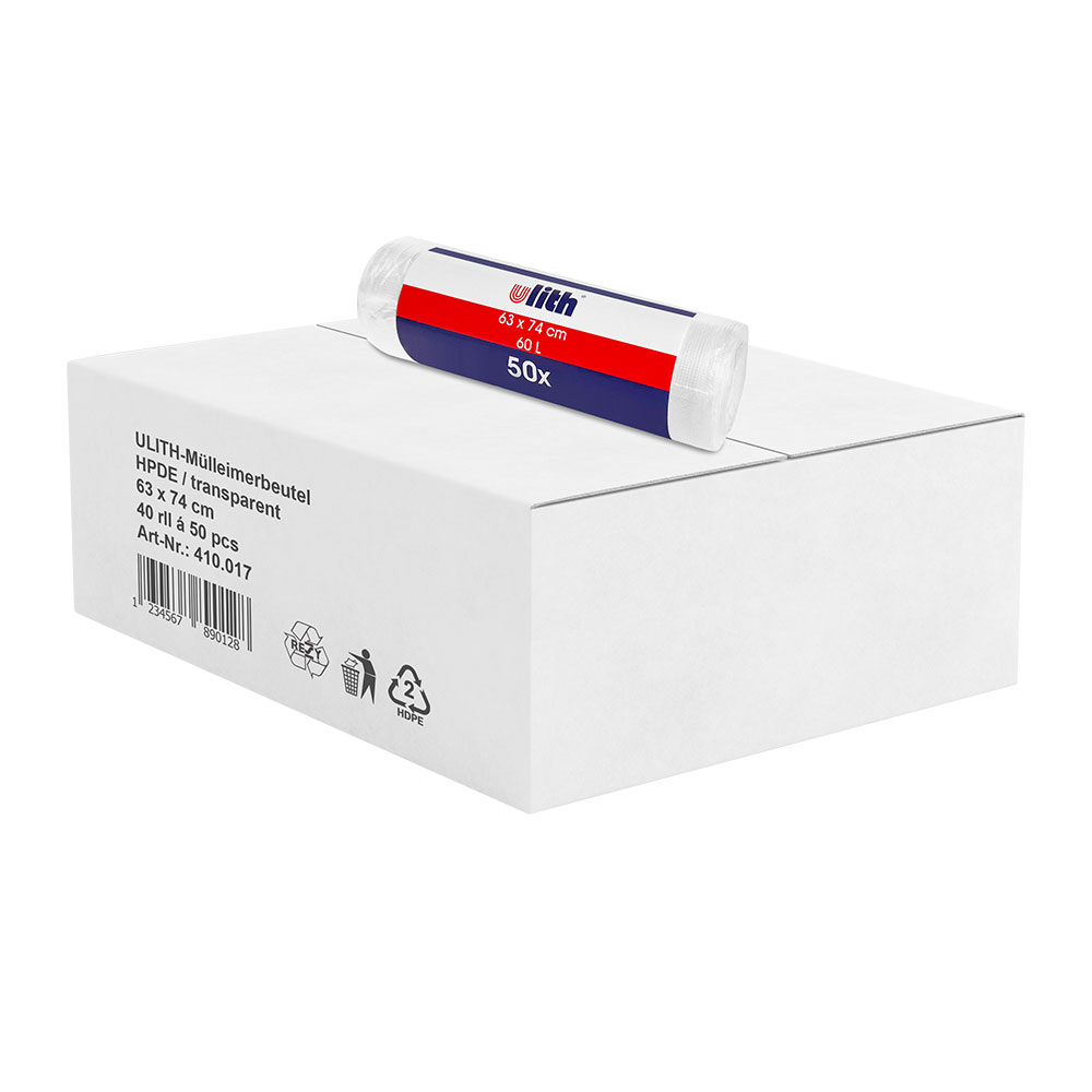 Müllbeutel 60 Liter 63 x 74cm transparent Karton mit 2000 Stück Müllbeutel 60 Liter 63 x 74cm transparent Karton mit 2000 Stück