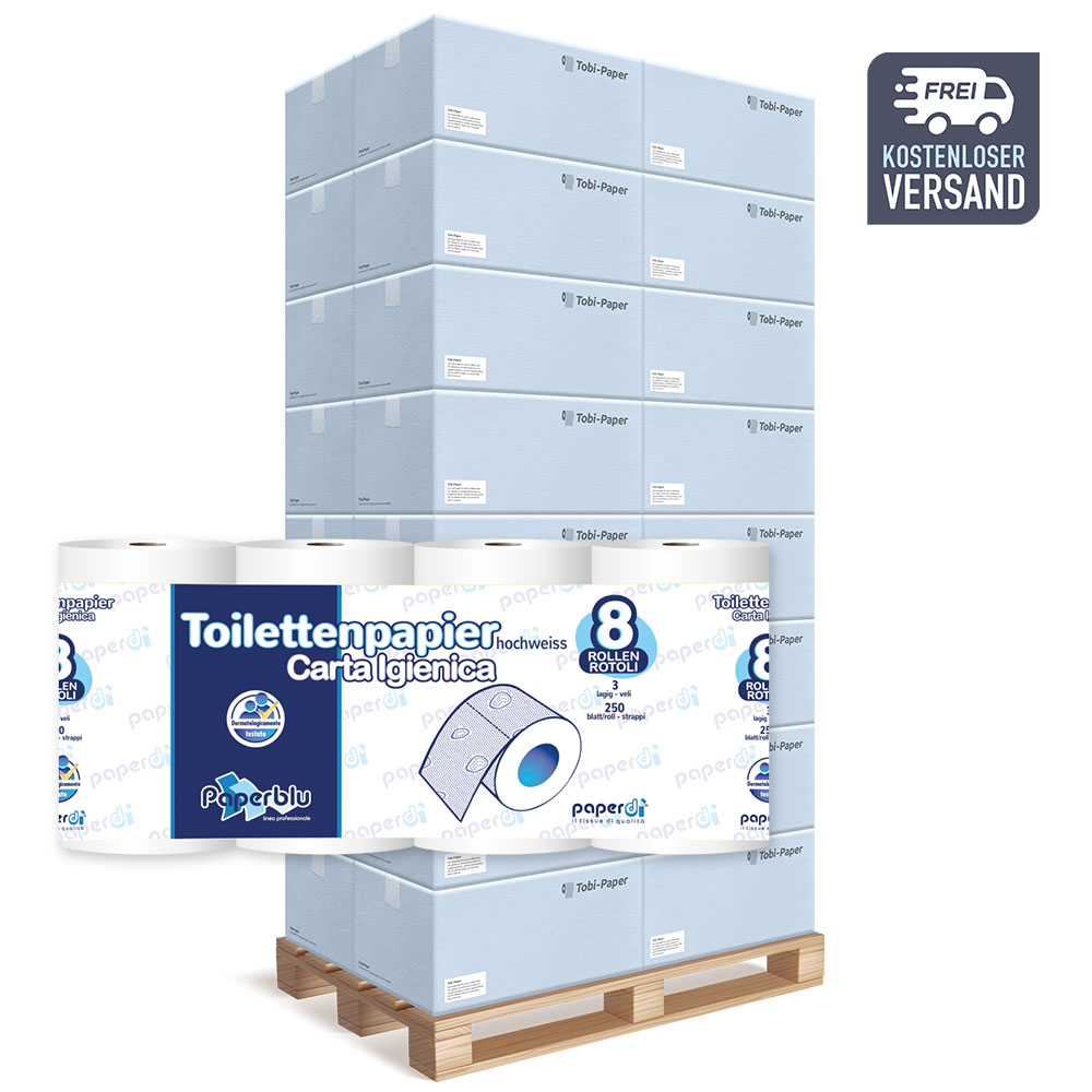 Toilettenpapier Paperblu 3-lagig Zellstoff hochweiß 250 Blatt - Palette (33 VE)