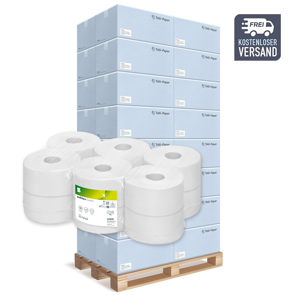 Jumborollen Toilettenpapier Wepa Satino Comfort 2-lagig Recycling hochweiß Ø 18cm 180m pro Rolle - Palette (44 VE) Jumborollen Toilettenpapier Wepa Satino Comfort 2-lagig Recycling hochweiß Ø 18cm 180m pro Rolle - Palette (44 VE)