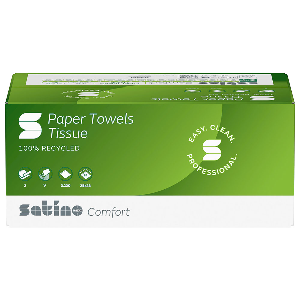 Falthandtücher Wepa Satino Comfort 2-lagig V-Falz Recycling hochweiß 25x23cm 3200 Blatt - Palette (32 VE)